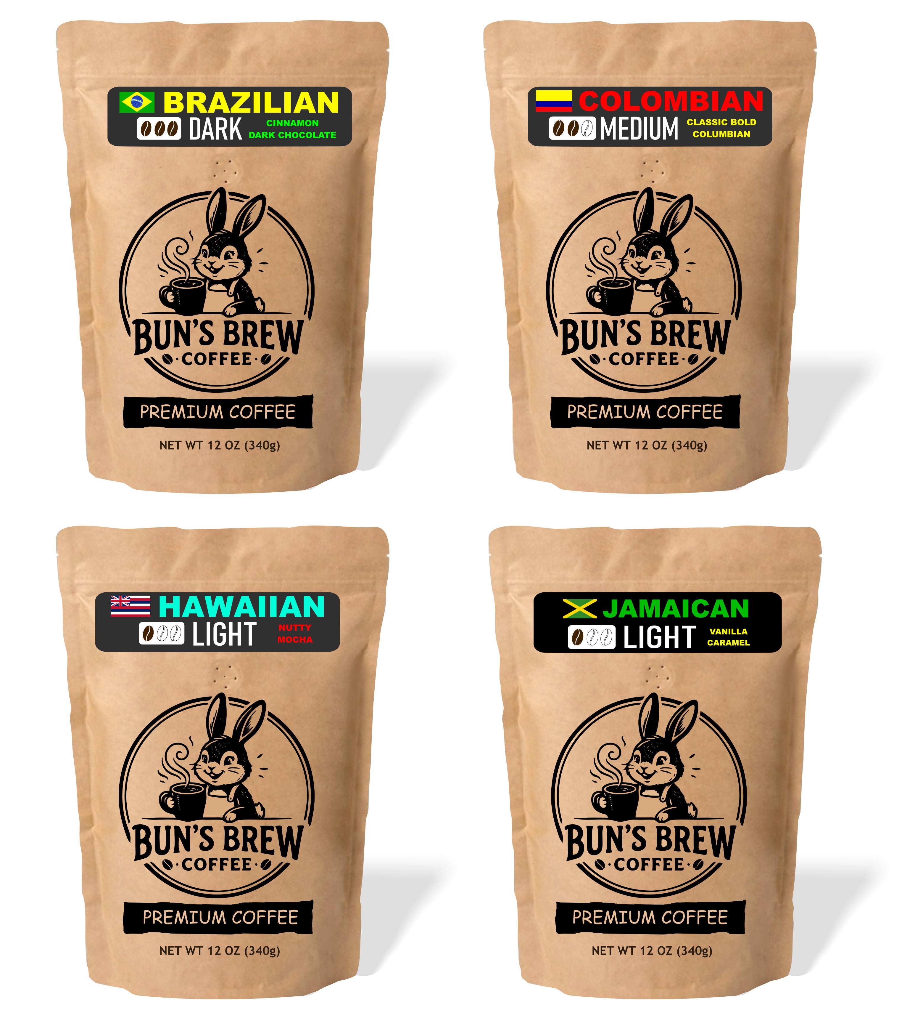 Buns Brew All 4 (12 oz) Colombian Brazilian Jamacian Hawaiian
