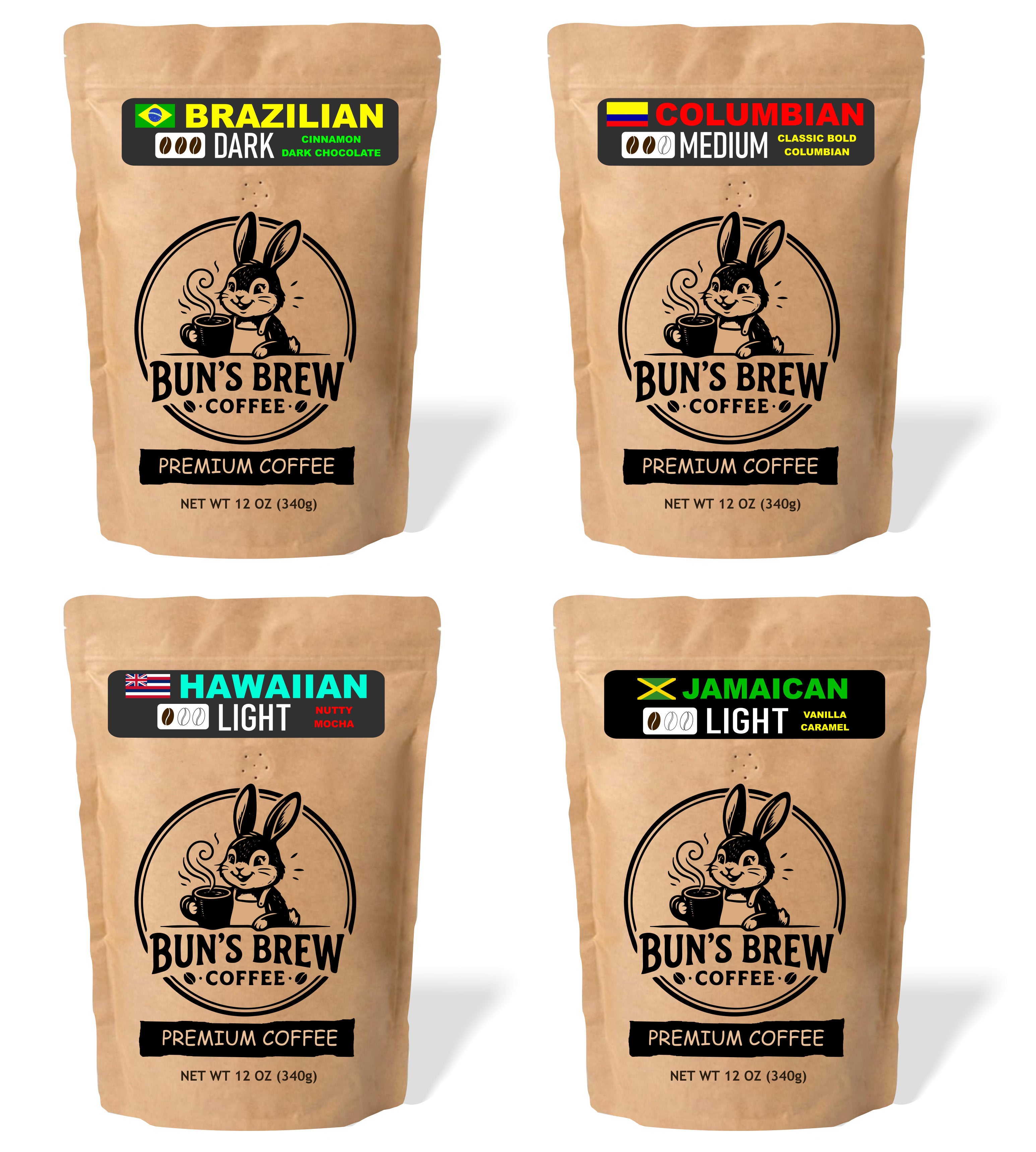 Buns Brew All 4 (12 oz) Columbian Brazilian Jamacian Hawaiian